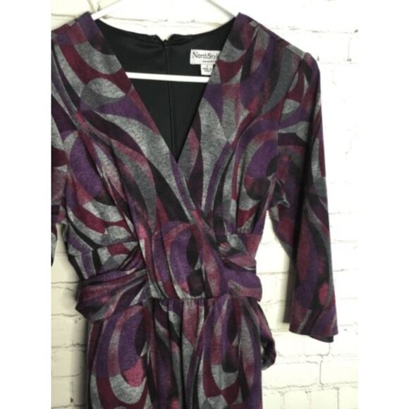 VTG NorthStyle Womens Purple Geo.Print Stretch Zip Tie Waist Midi Sheath Dress S - Picture 6 of 12